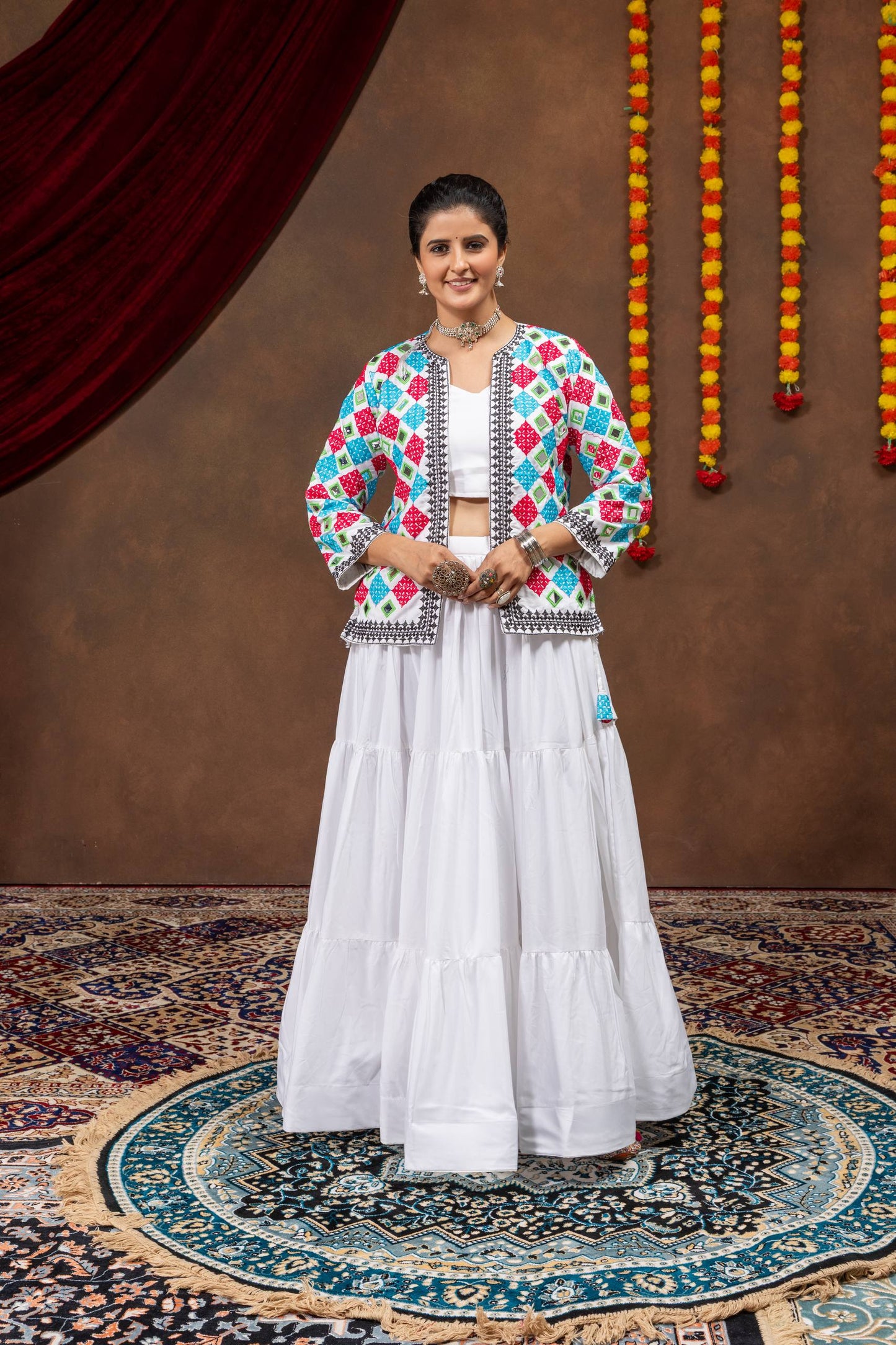 Solid White Flared Tiered Lehenga Choli Set with Multi-Color Embroidered Koti Jacket