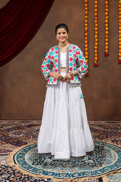 Solid White Flared Tiered Lehenga Choli Set with Multi-Color Embroidered Koti Jacket