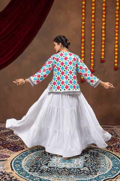 Solid White Flared Tiered Lehenga Choli Set with Multi-Color Embroidered Koti Jacket