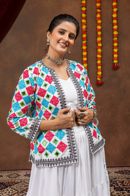 Solid White Flared Tiered Lehenga Choli Set with Multi-Color Embroidered Koti Jacket