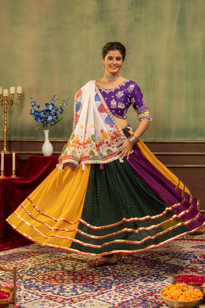 Multi-Color Panel Flared Chaniya Choli Set with Embroidered Purple Blouse & Off-White Dupatta