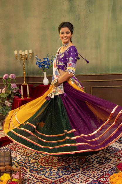 Multi-Color Panel Flared Chaniya Choli Set with Embroidered Purple Blouse & Off-White Dupatta