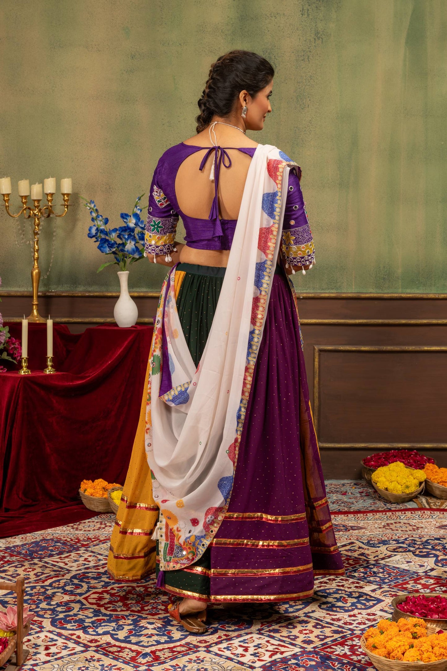Multi-Color Panel Flared Chaniya Choli Set with Embroidered Purple Blouse & Off-White Dupatta