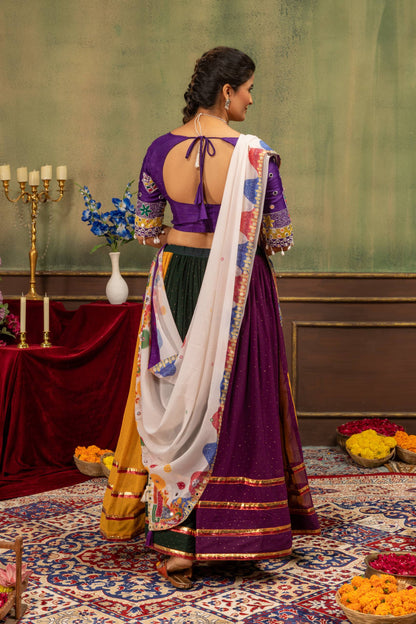 Multi-Color Panel Flared Chaniya Choli Set with Embroidered Purple Blouse & Off-White Dupatta