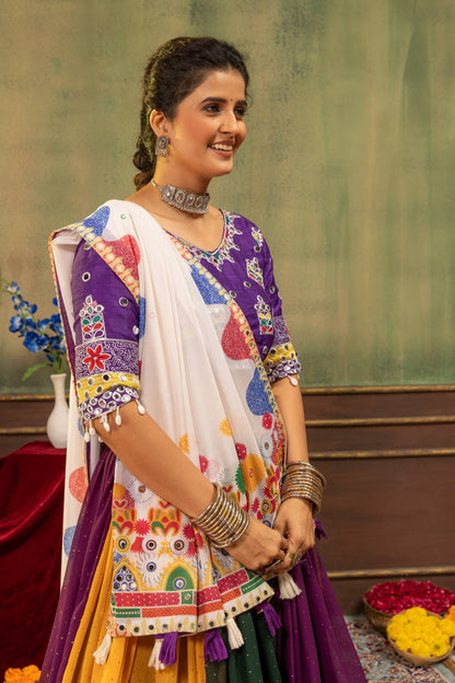 Multi-Color Panel Flared Chaniya Choli Set with Embroidered Purple Blouse & Off-White Dupatta