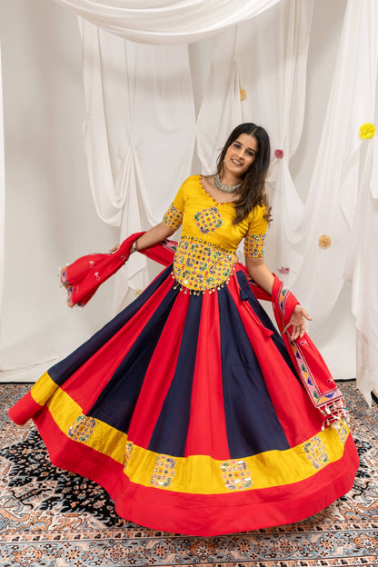 Red & Navy Blue Striped Flared Chaniya Choli Set with Yellow Mirror-Work Blouse & Red Dupatta
