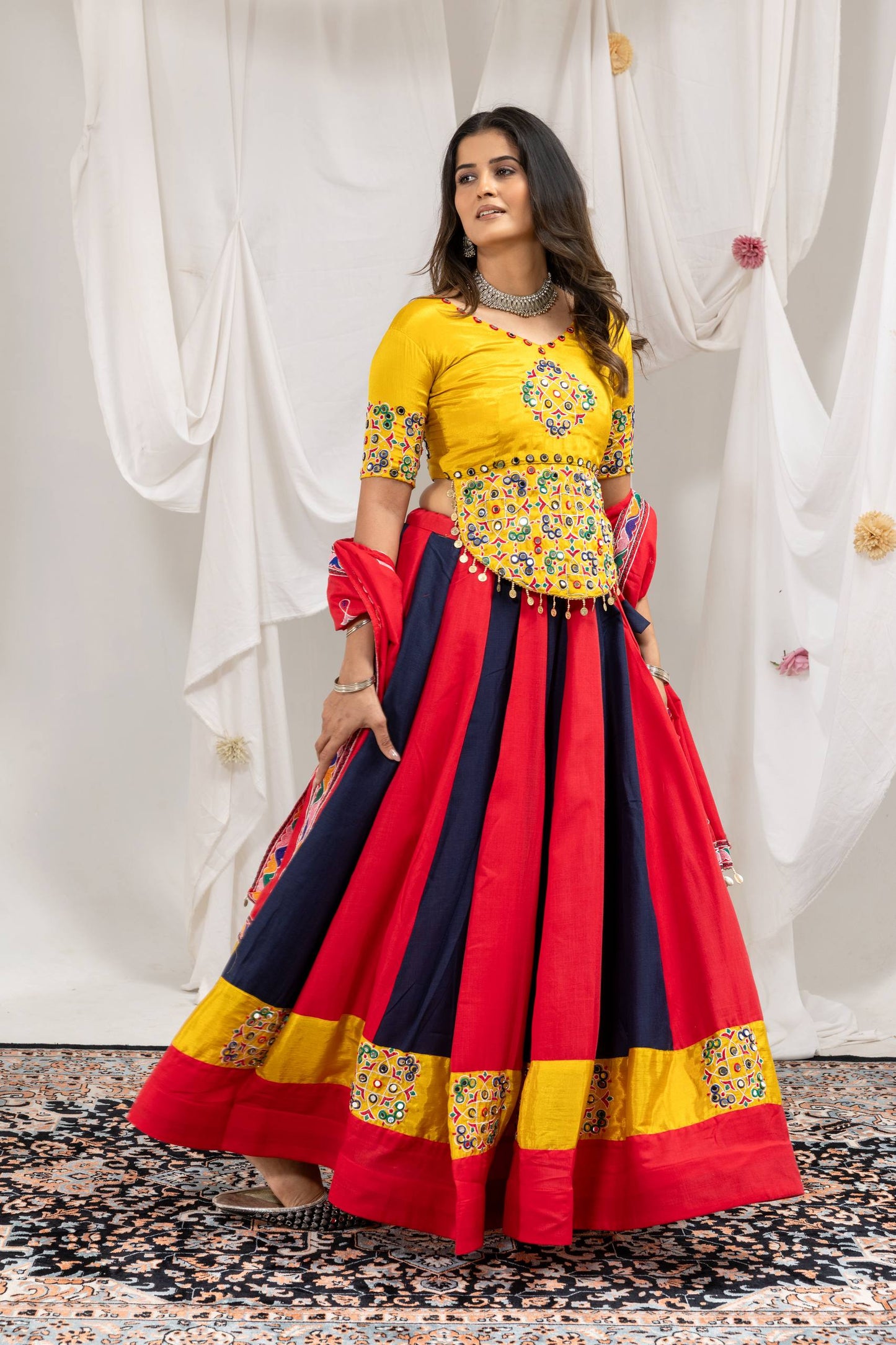 Red & Navy Blue Striped Flared Chaniya Choli Set with Yellow Mirror-Work Blouse & Red Dupatta