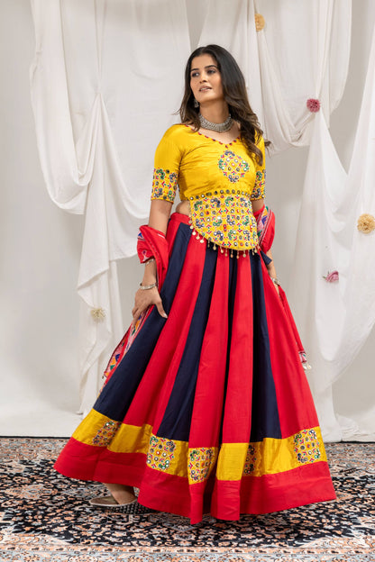 Red & Navy Blue Striped Flared Chaniya Choli Set with Yellow Mirror-Work Blouse & Red Dupatta