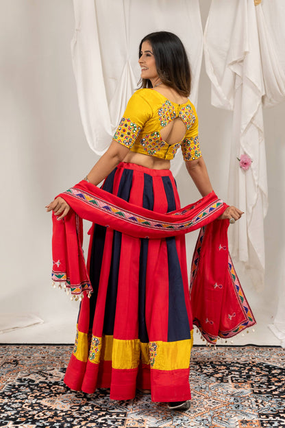 Red & Navy Blue Striped Flared Chaniya Choli Set with Yellow Mirror-Work Blouse & Red Dupatta