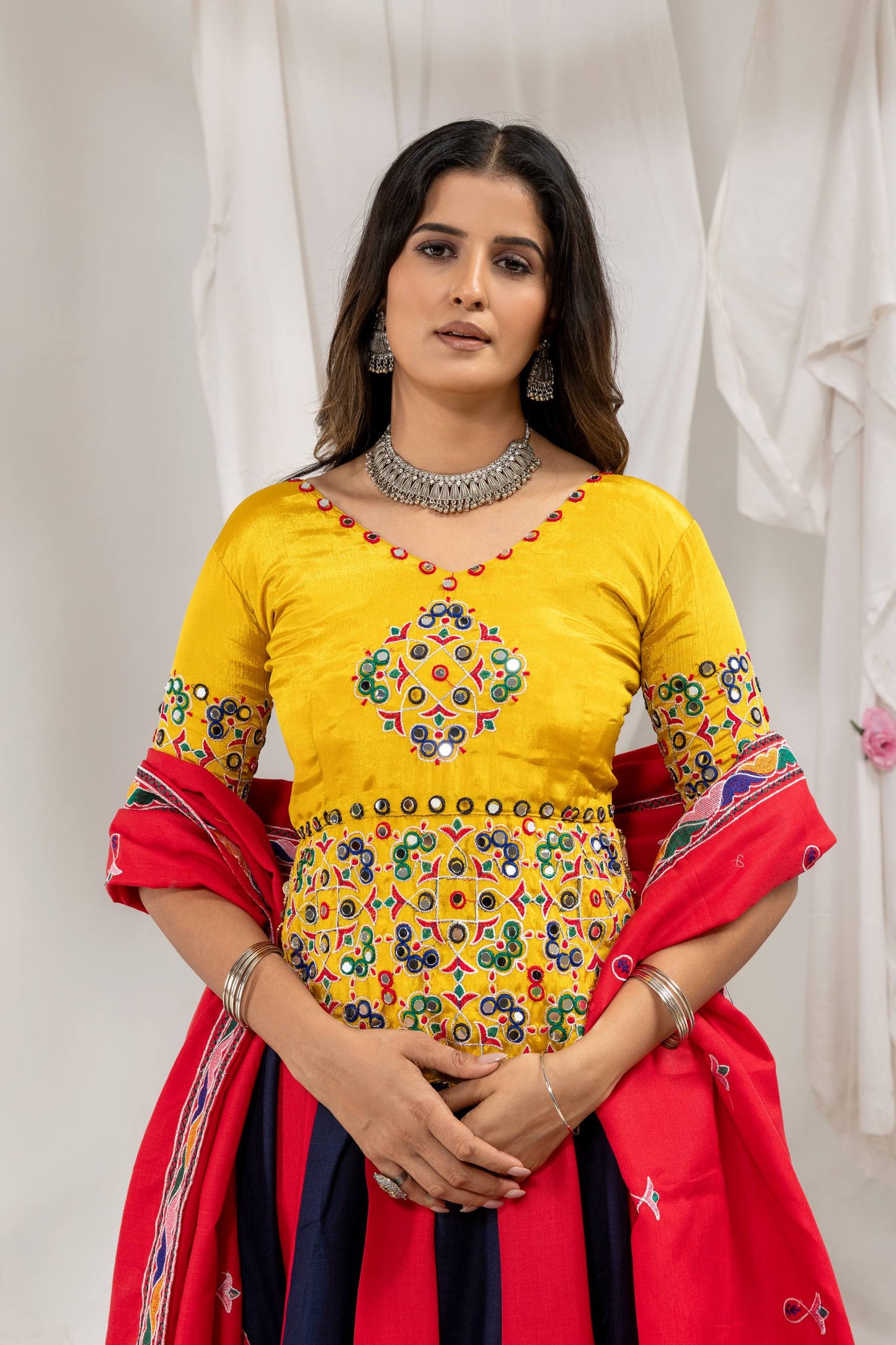 Red & Navy Blue Striped Flared Chaniya Choli Set with Yellow Mirror-Work Blouse & Red Dupatta