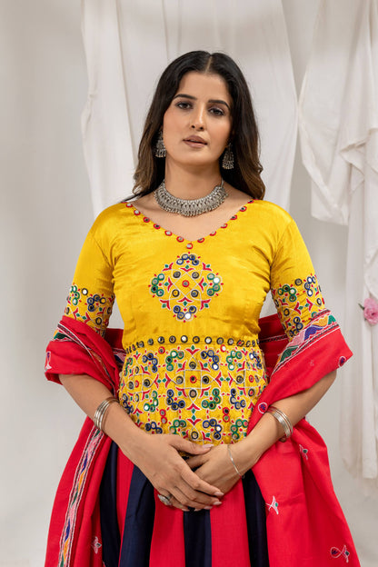 Red & Navy Blue Striped Flared Chaniya Choli Set with Yellow Mirror-Work Blouse & Red Dupatta