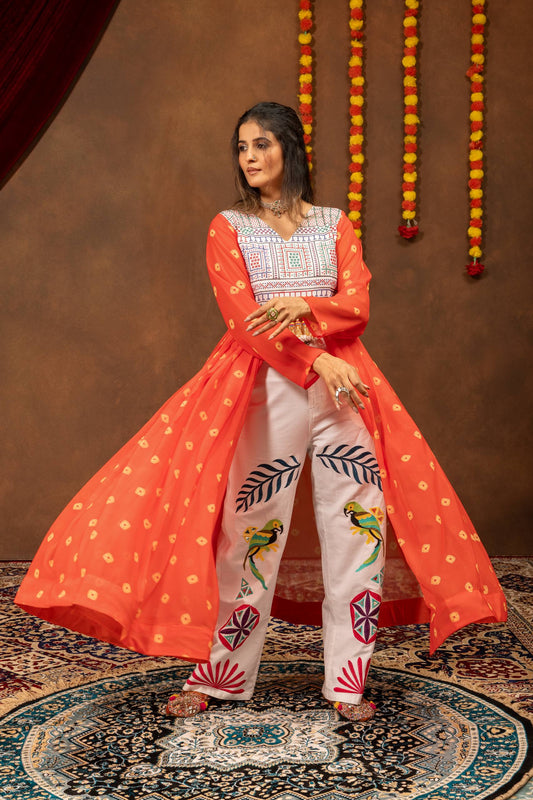 Bright Orange Bandhani Flare Cape Top with Painted White Trousers