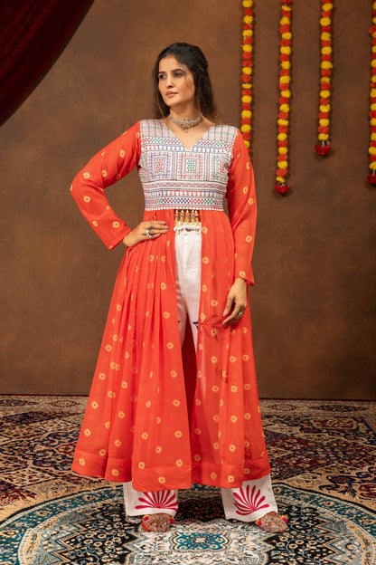 Bright Orange Bandhani Flare Cape Top with Painted White Trousers