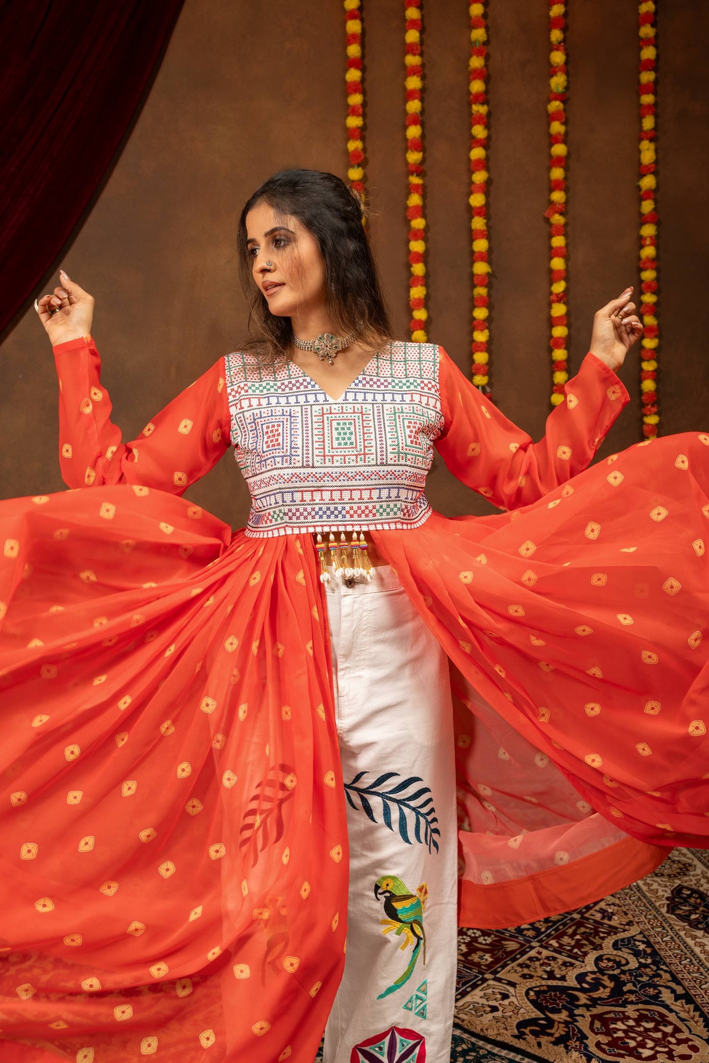 Bright Orange Bandhani Flare Cape Top with Painted White Trousers