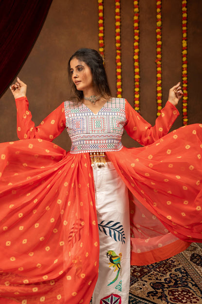 Bright Orange Bandhani Flare Cape Top with Painted White Trousers