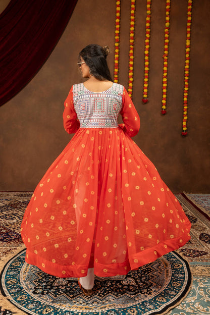 Bright Orange Bandhani Flare Cape Top with Painted White Trousers