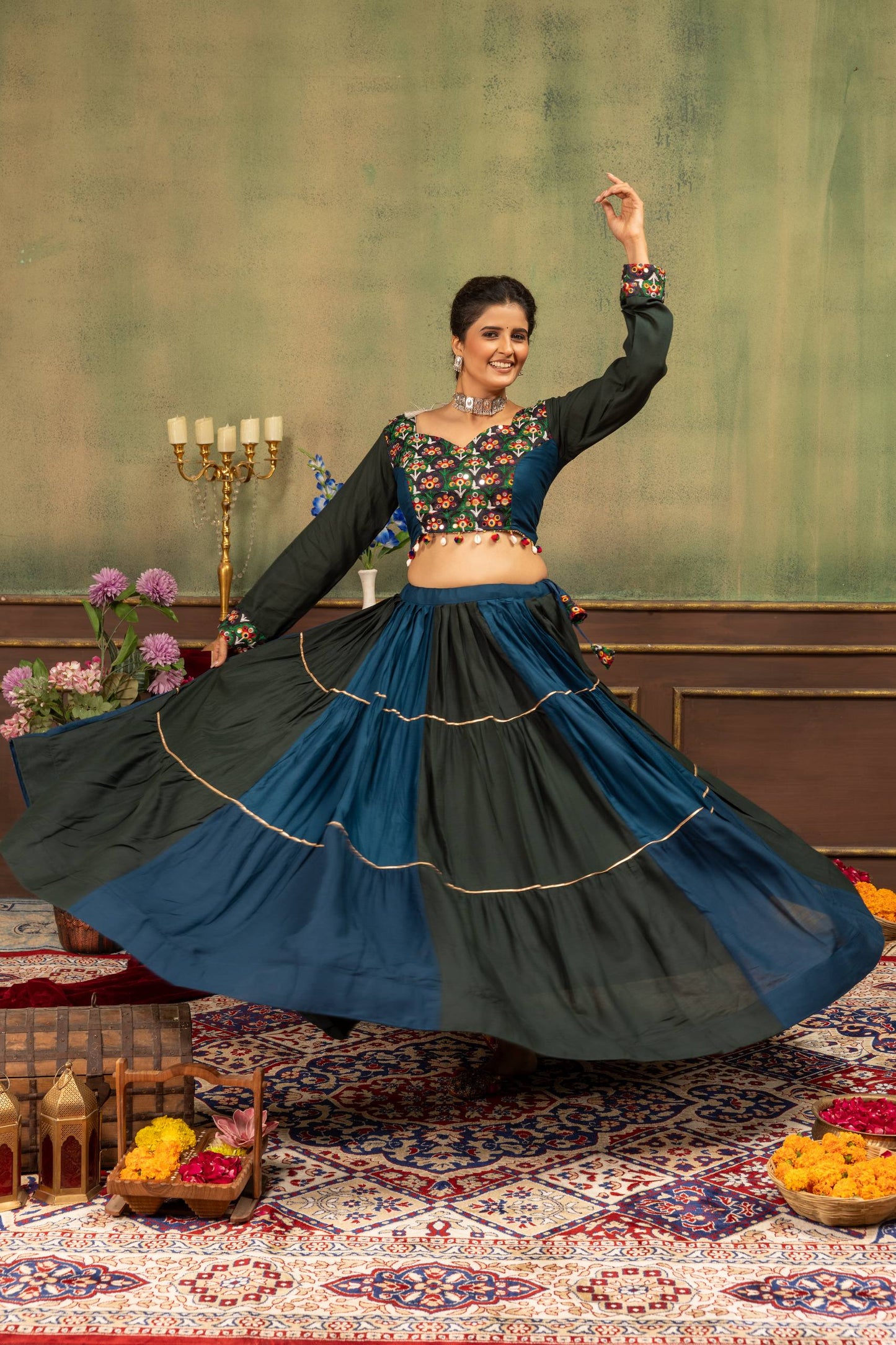 Teal Blue & Dark Green Tiered Flared Lehenga Choli with Shell-Tasseled Kutchi Work Blouse | Navratri Edition