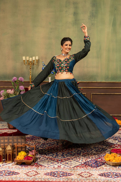 Teal Blue & Dark Green Tiered Flared Lehenga Choli with Shell-Tasseled Kutchi Work Blouse | Navratri Edition