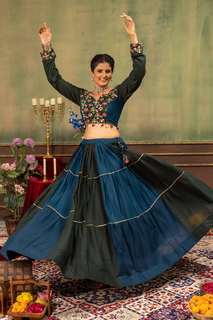 Teal Blue & Dark Green Tiered Flared Lehenga Choli with Shell-Tasseled Kutchi Work Blouse | Navratri Edition