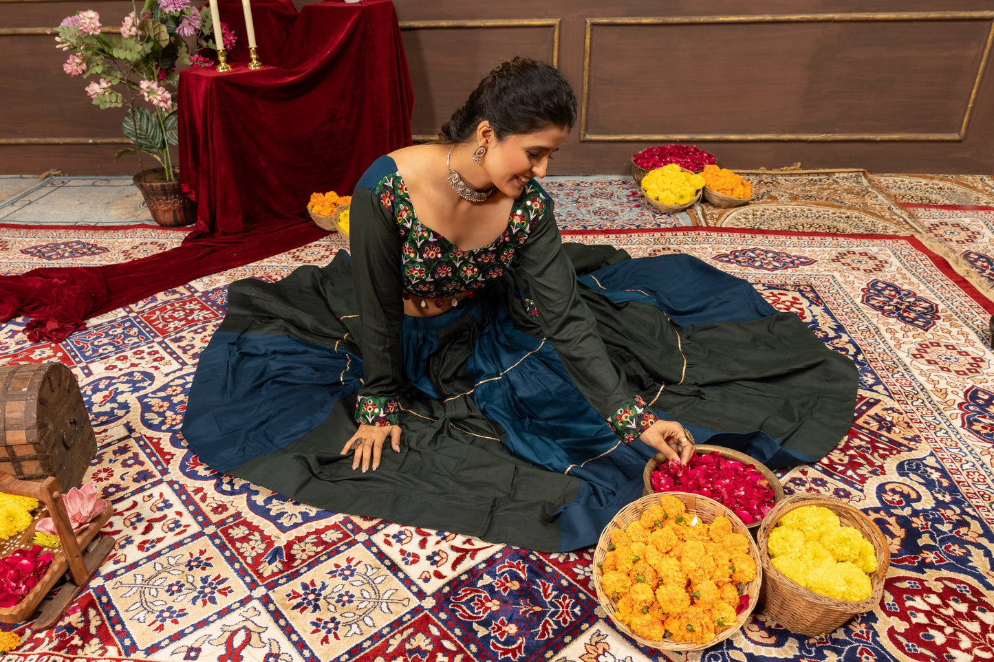 Teal Blue & Dark Green Tiered Flared Lehenga Choli with Shell-Tasseled Kutchi Work Blouse | Navratri Edition