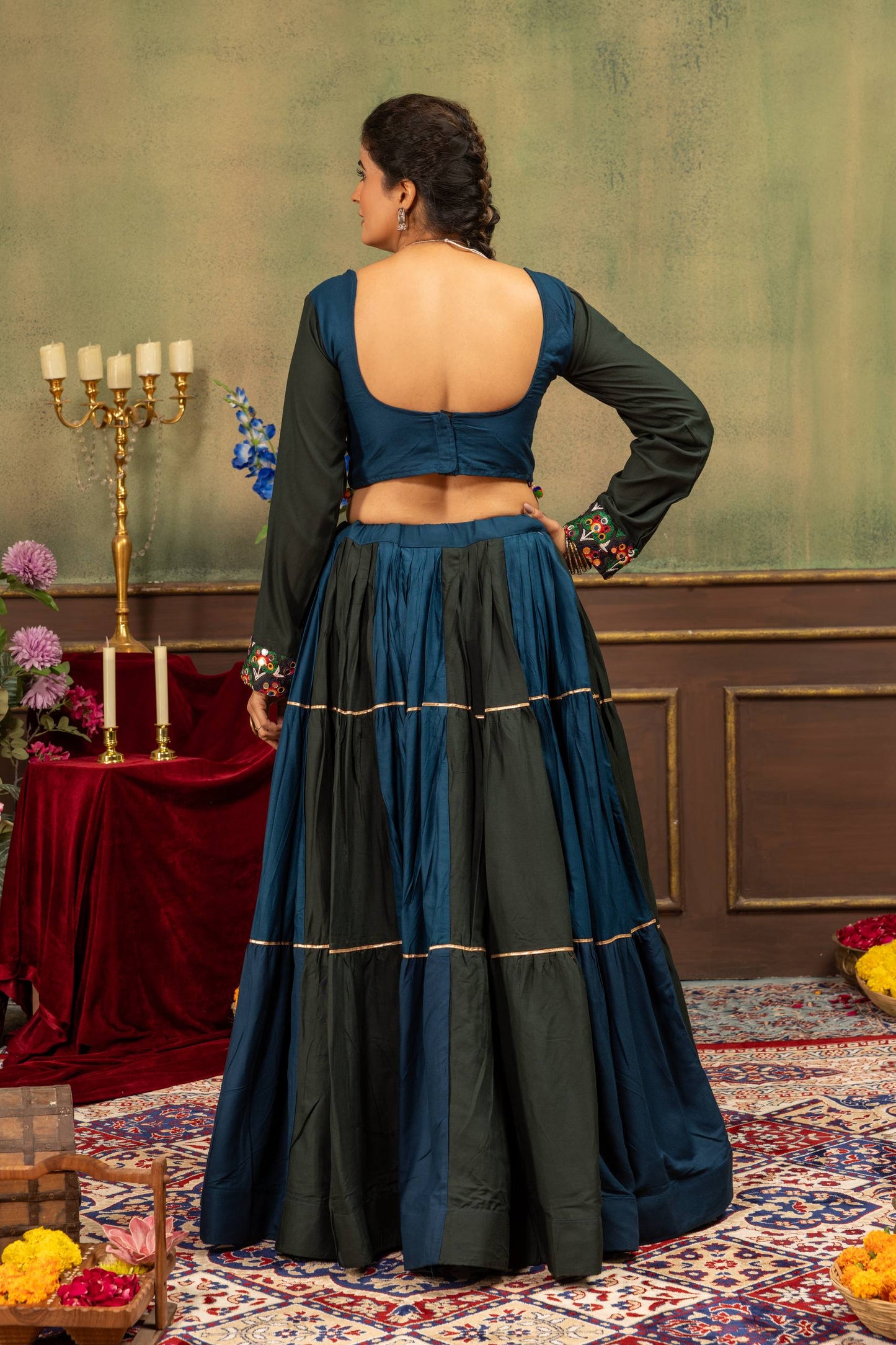 Teal Blue & Dark Green Tiered Flared Lehenga Choli with Shell-Tasseled Kutchi Work Blouse | Navratri Edition