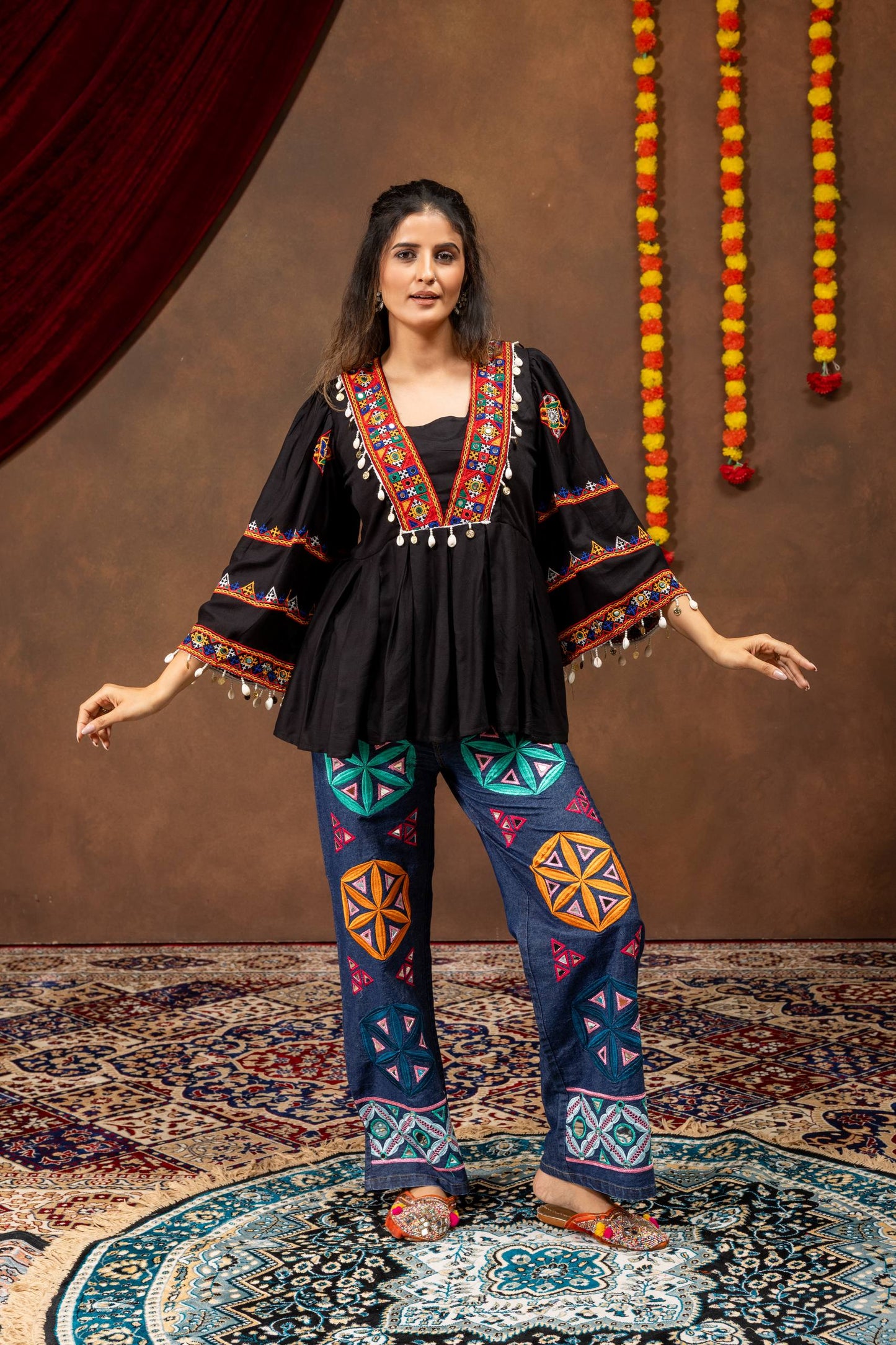 Black Threadwork Peplum Top & Geometric Embroidered Wide-Leg Jeans | Navratri Indo-Western Set