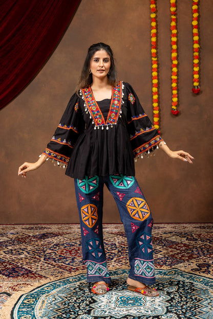 Black Threadwork Peplum Top & Geometric Embroidered Wide-Leg Jeans | Navratri Indo-Western Set