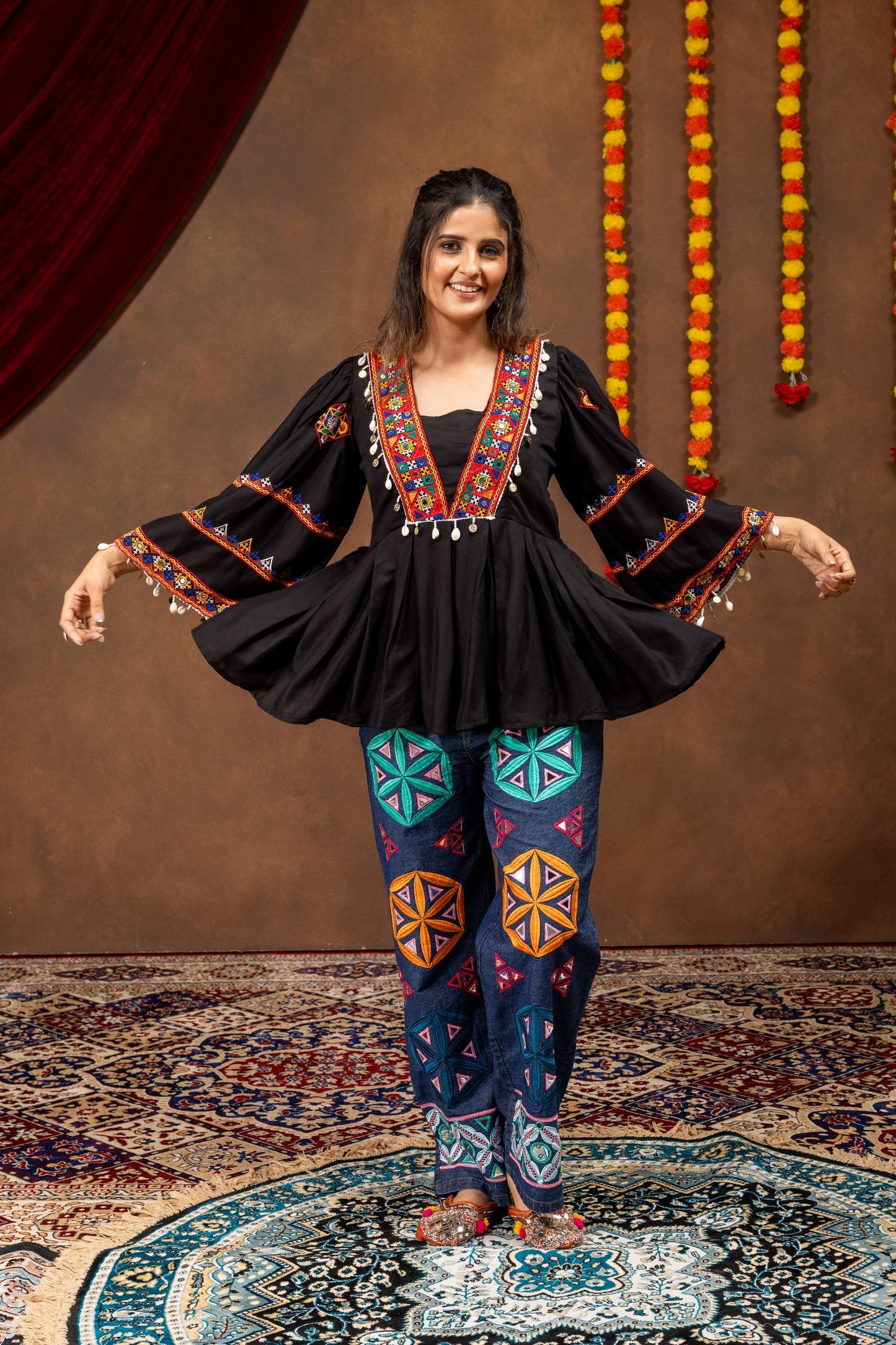 Black Threadwork Peplum Top & Geometric Embroidered Wide-Leg Jeans | Navratri Indo-Western Set