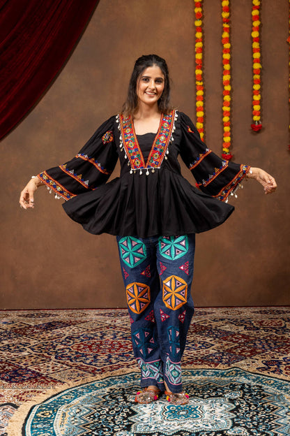 Black Threadwork Peplum Top & Geometric Embroidered Wide-Leg Jeans | Navratri Indo-Western Set
