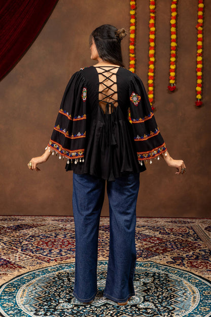 Black Threadwork Peplum Top & Geometric Embroidered Wide-Leg Jeans | Navratri Indo-Western Set