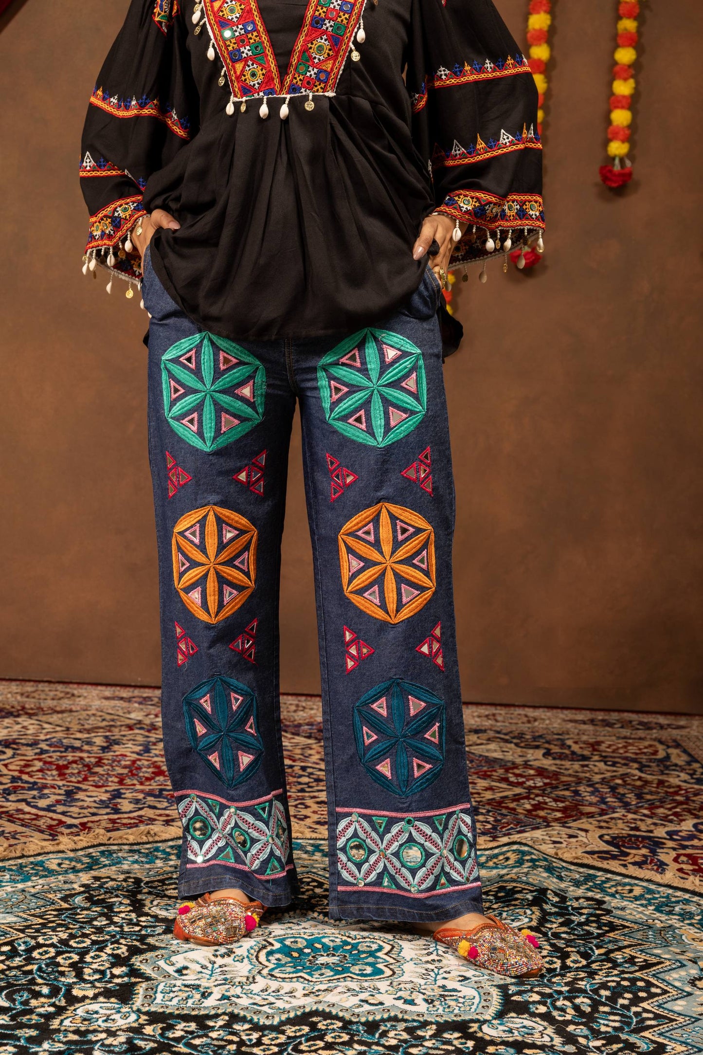 Black Threadwork Peplum Top & Geometric Embroidered Wide-Leg Jeans | Navratri Indo-Western Set