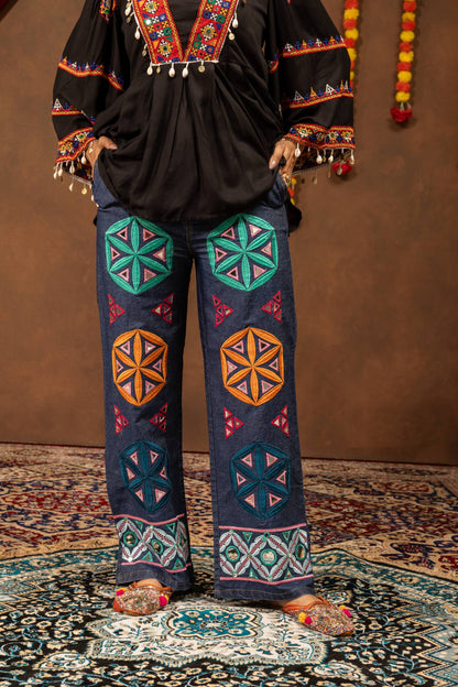 Black Threadwork Peplum Top & Geometric Embroidered Wide-Leg Jeans | Navratri Indo-Western Set