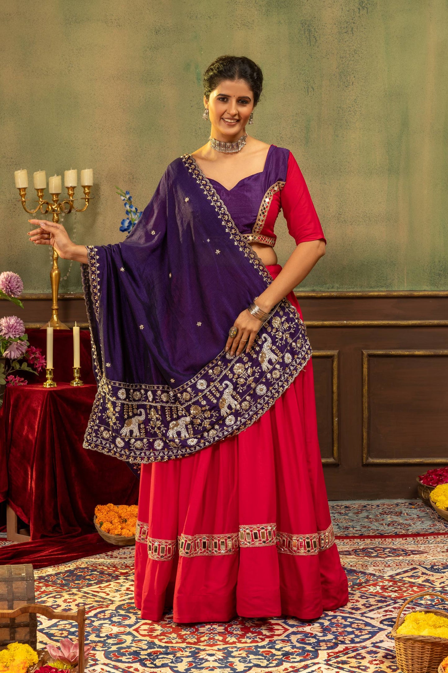 Traditional Rani Pink Flared Navratri Chaniya Choli with Purple Mirror Border Dupatta Set