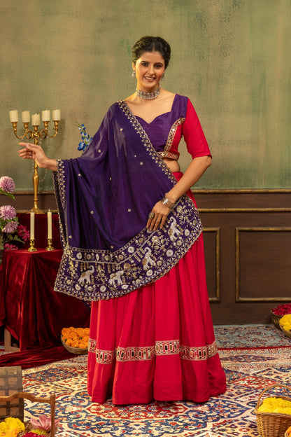 Traditional Rani Pink Flared Navratri Chaniya Choli with Purple Mirror Border Dupatta Set