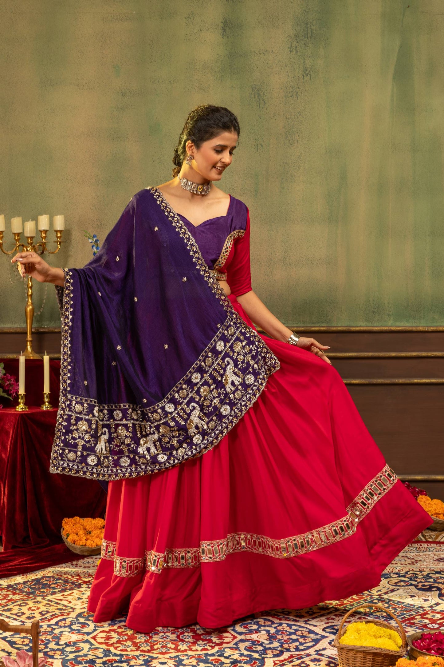 Traditional Rani Pink Flared Navratri Chaniya Choli with Purple Mirror Border Dupatta Set