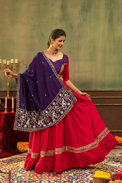 Traditional Rani Pink Flared Navratri Chaniya Choli with Purple Mirror Border Dupatta Set