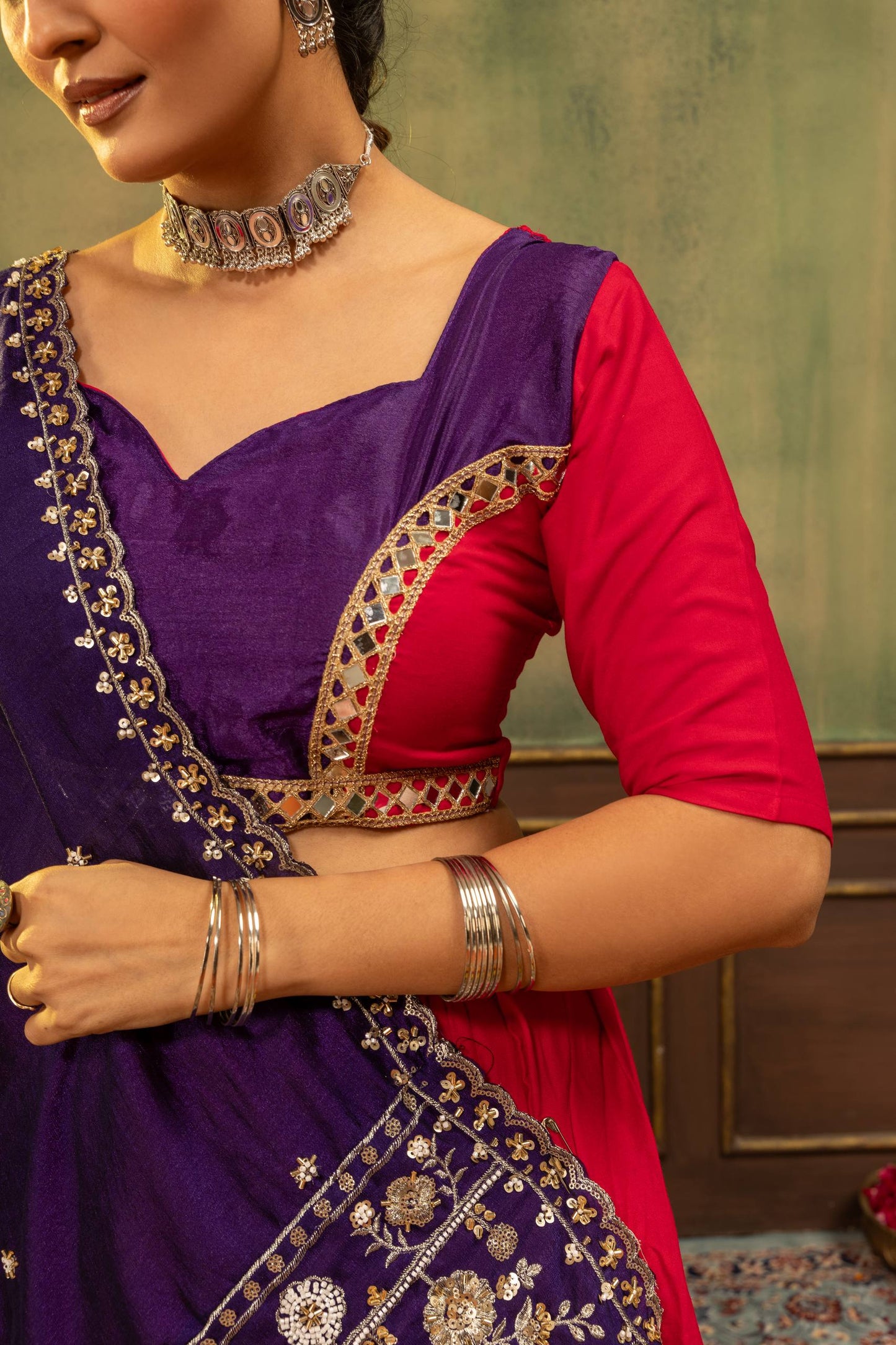Traditional Rani Pink Flared Navratri Chaniya Choli with Purple Mirror Border Dupatta Set