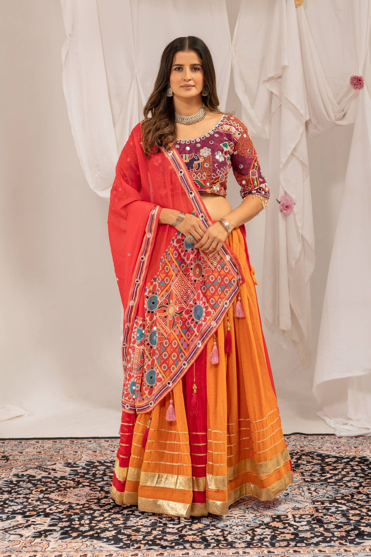 Orange & Red Dual-Tone Flared Chaniya Choli with Embroidered Blouse & Mirror Work Dupatta