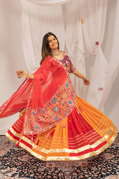 Orange & Red Dual-Tone Flared Chaniya Choli with Embroidered Blouse & Mirror Work Dupatta