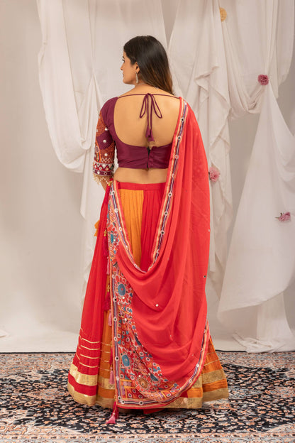 Orange & Red Dual-Tone Flared Chaniya Choli with Embroidered Blouse & Mirror Work Dupatta