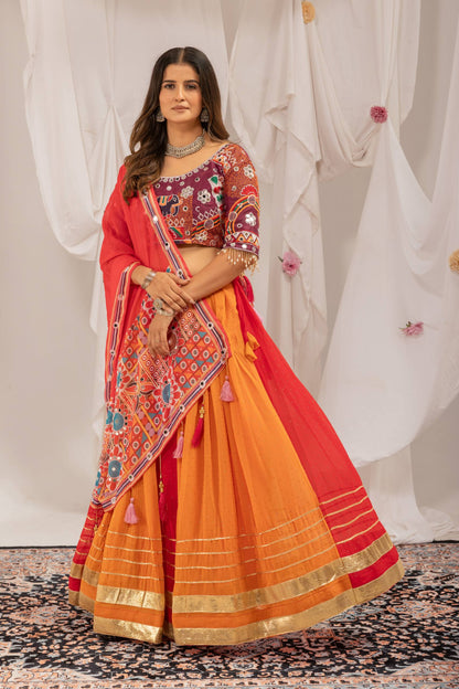 Orange & Red Dual-Tone Flared Chaniya Choli with Embroidered Blouse & Mirror Work Dupatta