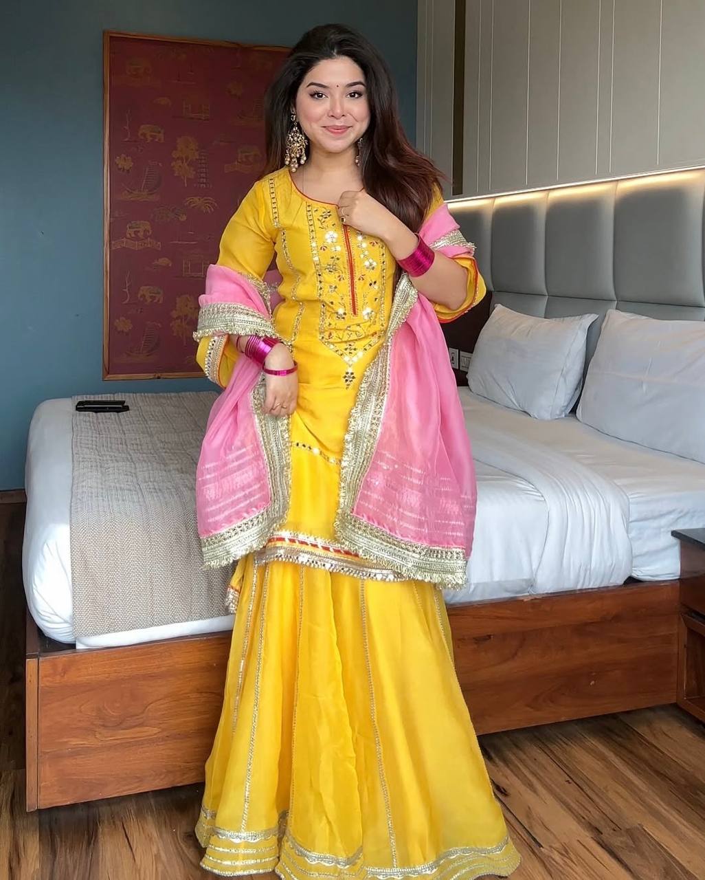 Ethnic Yellow Kurta Sharara Set with Pink Heavy Lace Dupatta for Festivals & Haldi