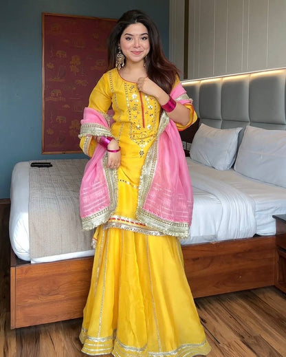 Ethnic Yellow Kurta Sharara Set with Pink Heavy Lace Dupatta for Festivals & Haldi