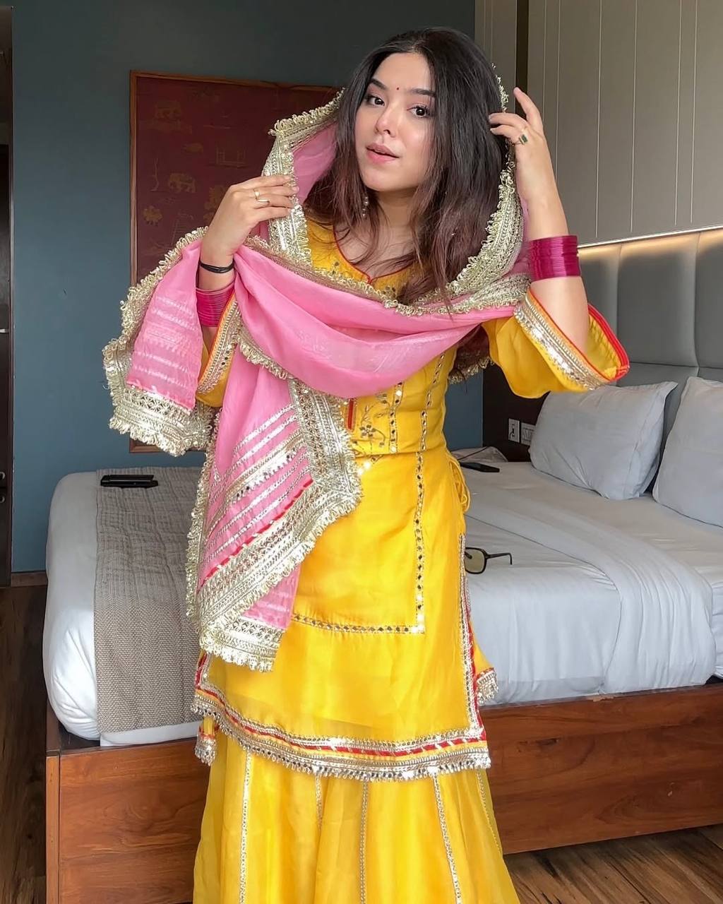 Ethnic Yellow Kurta Sharara Set with Pink Heavy Lace Dupatta for Festivals & Haldi