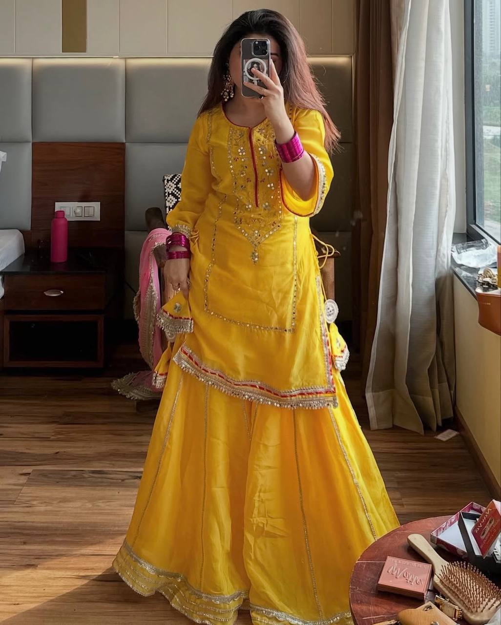 Ethnic Yellow Kurta Sharara Set with Pink Heavy Lace Dupatta for Festivals & Haldi