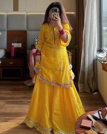 Ethnic Yellow Kurta Sharara Set with Pink Heavy Lace Dupatta for Festivals & Haldi
