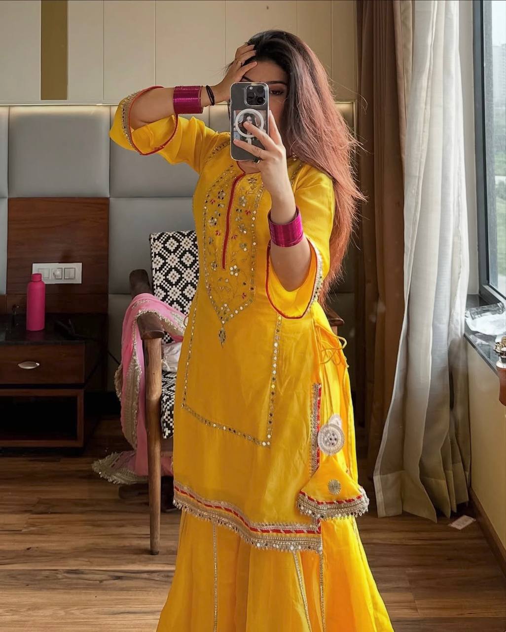 Ethnic Yellow Kurta Sharara Set with Pink Heavy Lace Dupatta for Festivals & Haldi