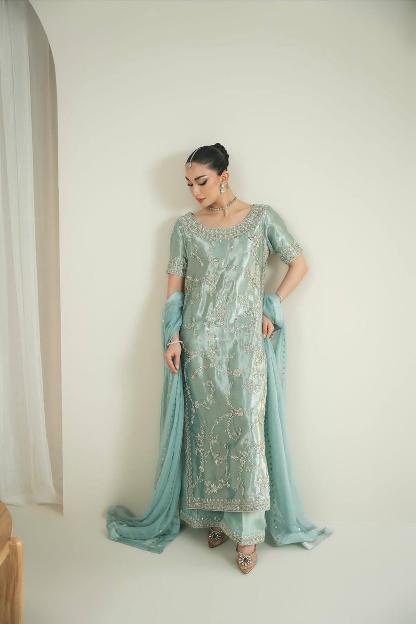 Elegant Ice Blue Embroidered Silk Suit Set for Weddings & Festive Wear