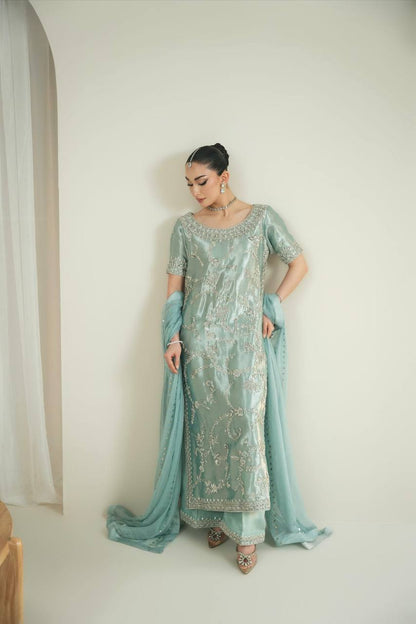 Elegant Ice Blue Embroidered Silk Suit Set for Weddings & Festive Wear