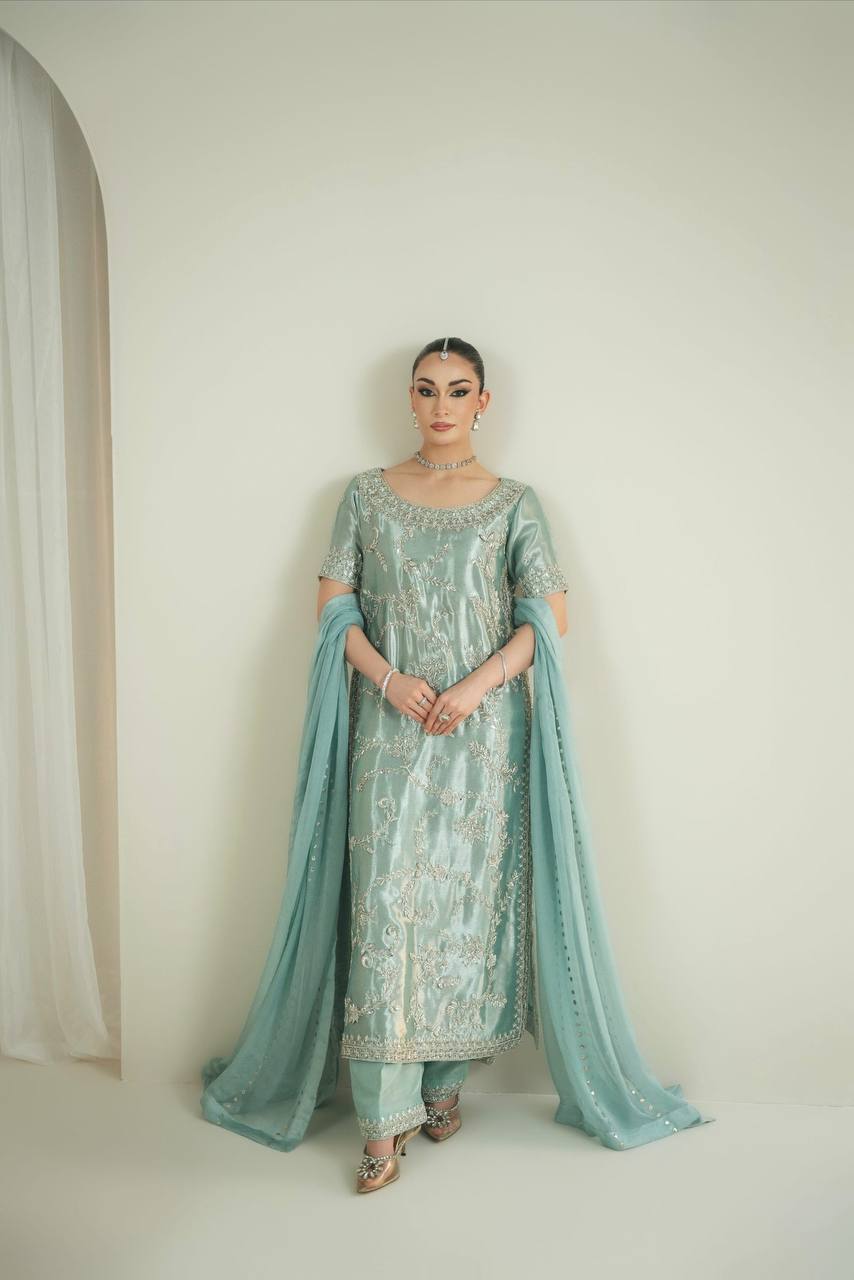 Elegant Ice Blue Embroidered Silk Suit Set for Weddings & Festive Wear